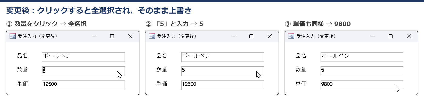 変更後：数量をクリックすると0が全選択され、5と入力すると5に上書きされる