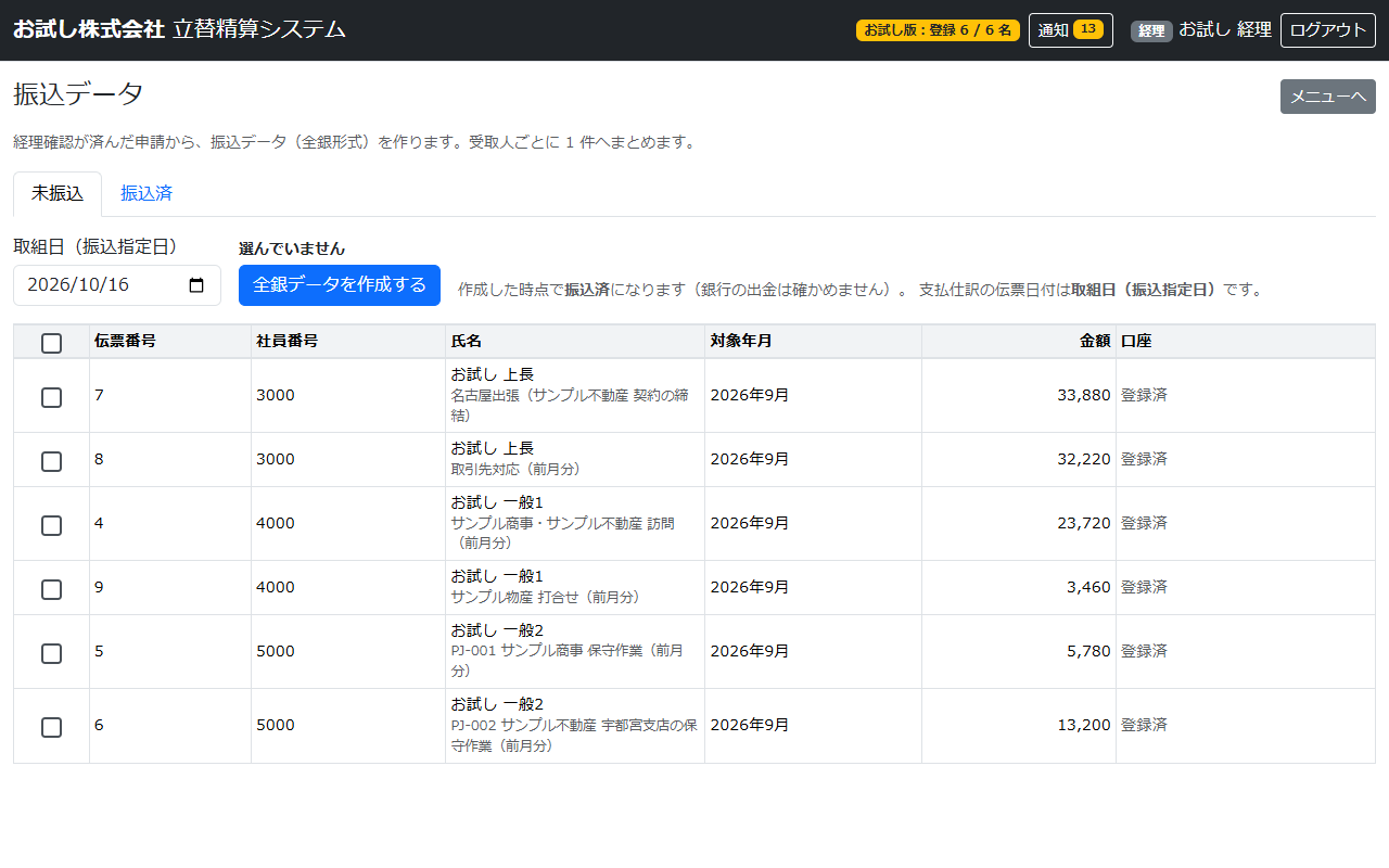 立替精算システムの振込データの画面。取組日と、振り込む申請の一覧、全銀データを作成するボタンがある